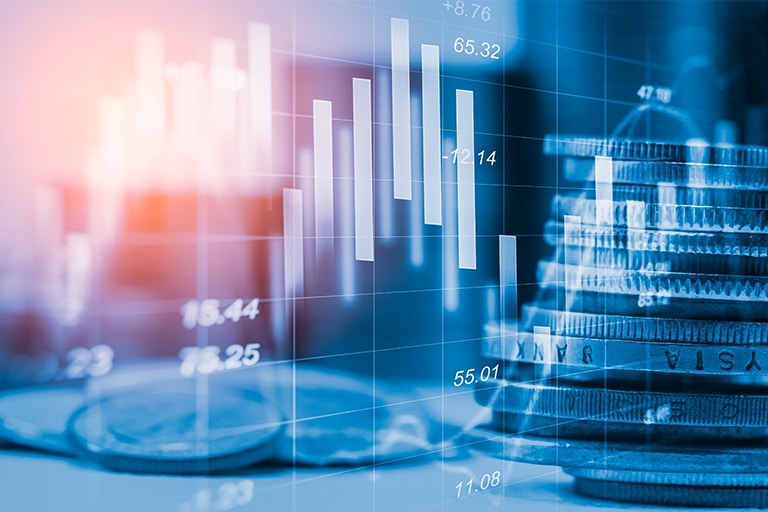 Financing image with Coins and overlapping Statistic Graph