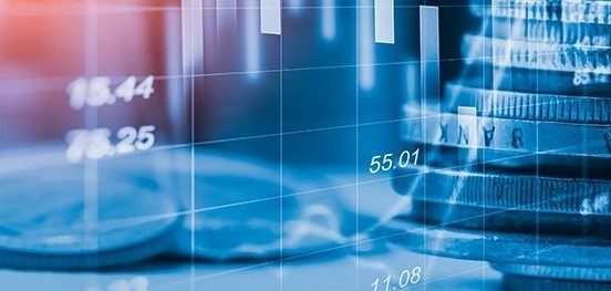 Financing image with Coins and overlapping Statistic Graph